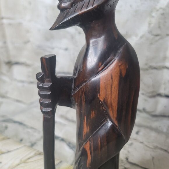 Vtg Asian Wood Carving Chinese Man w Staff Statue Figure Oriental Art Wood 12" - Picture 7 of 12